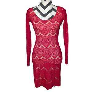 Bebe Red Lace Bodycon Mini Dress XS/TP Backless Long Sleeve Party